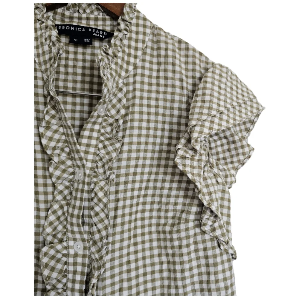 Veronica Beard Gingham Green and White Ruffle Button Shirt XS